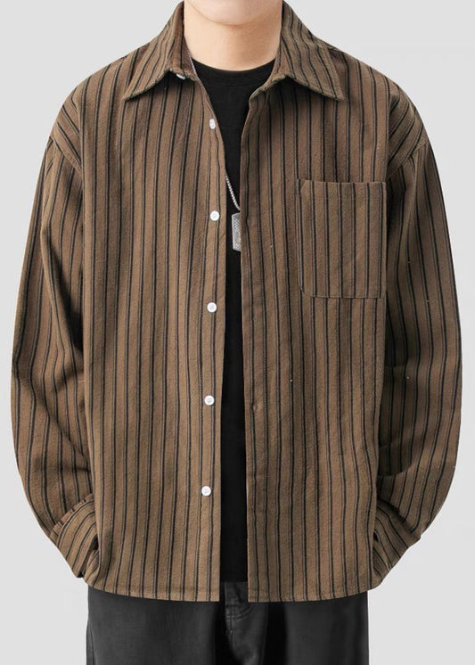 New Button Coffee Cotton Spring Pockets Shirts Men Striped