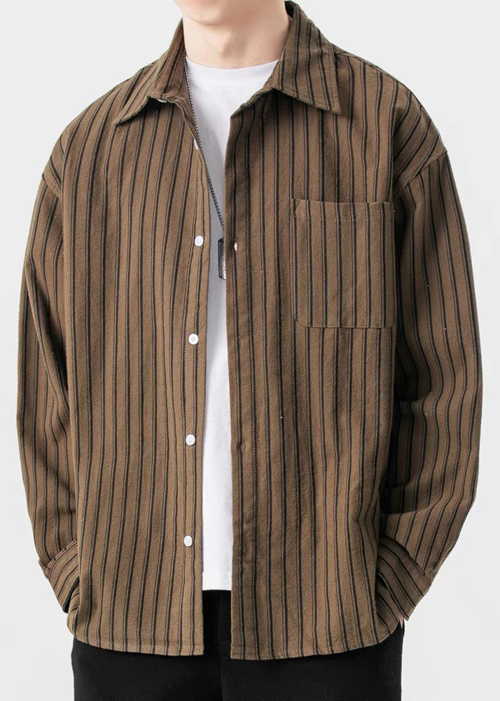 New Button Coffee Cotton Spring Pockets Shirts Men Striped