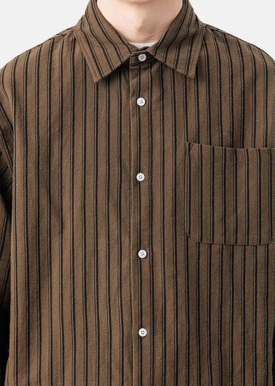 New Button Coffee Cotton Spring Pockets Shirts Men Striped
