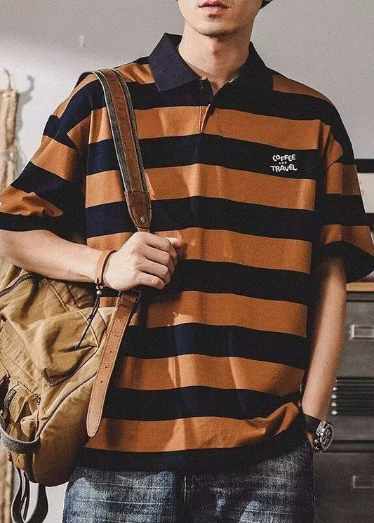 Cotton Print New Polo Coffee Striped Summer Mens Shirt