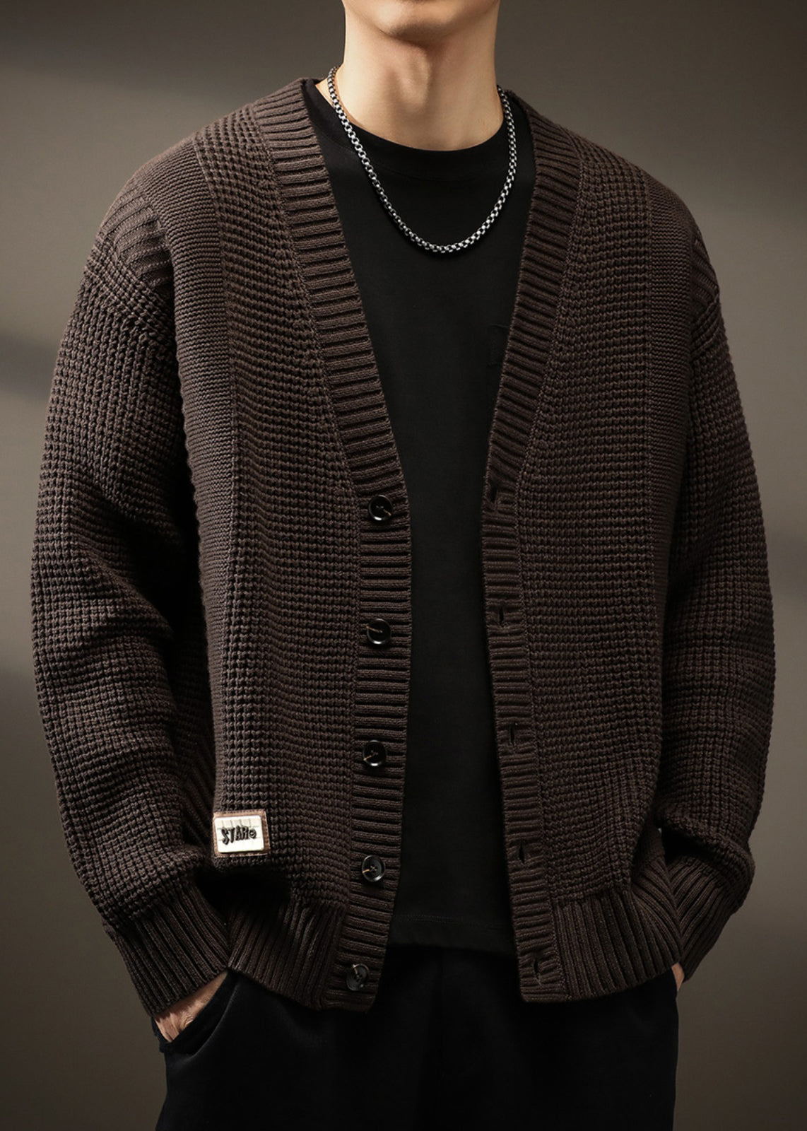 V Neck Spring Coffee Button Knit Solid Cardigans Men New