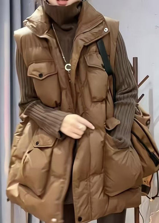 New Coffee Zip Up Pockets Patchwork Fine Cotton Filled Vest Sleeveless TD035