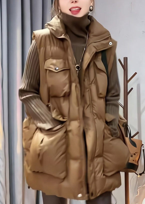 New Coffee Zip Up Pockets Patchwork Fine Cotton Filled Vest Sleeveless TD035