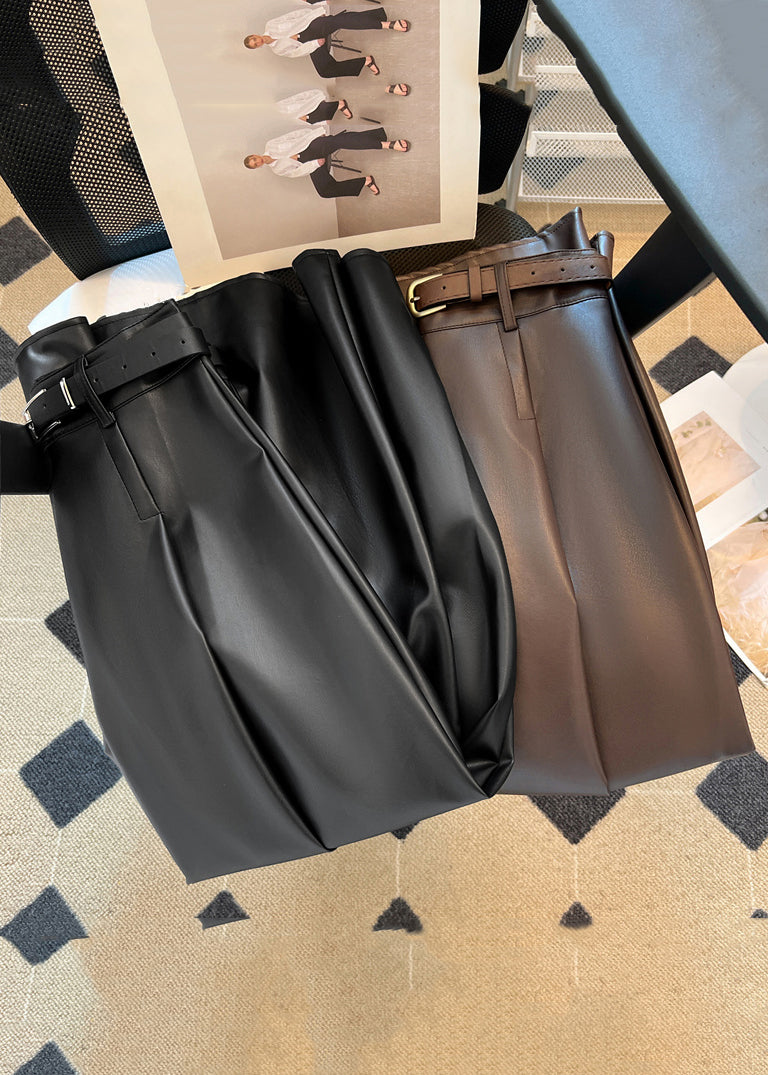 New Coffee Zippered High Waist Faux Leather Skirt Winter ER022