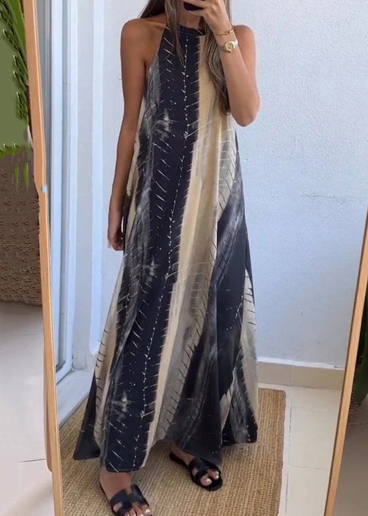 Neues rückenfreies Maxikleid aus Baumwolle mit Farbblock-Print, ärmellos, BB040