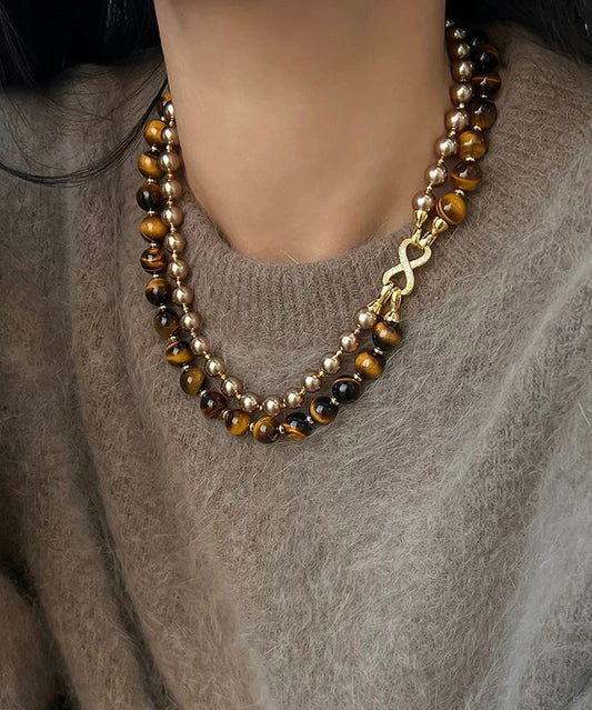 Double-Layer Bead Gratuated Pearl Necklace Tiger's-Eye Copper New