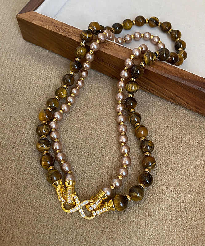 Double-Layer Bead Gratuated Pearl Necklace Tiger's-Eye Copper New