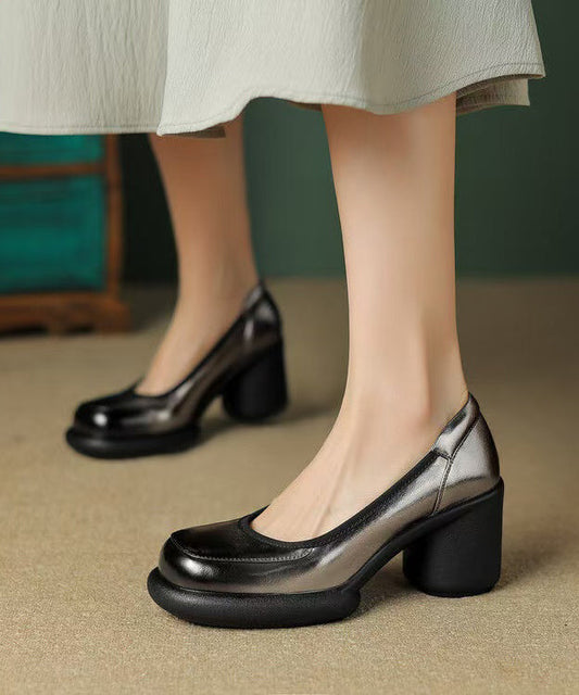 Cowhide Heels New High Dark Splicing Grey Heel Leather Chunky