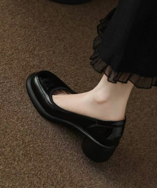 New Leather High Dark Grey Chunky Splicing Heels Heel Cowhide