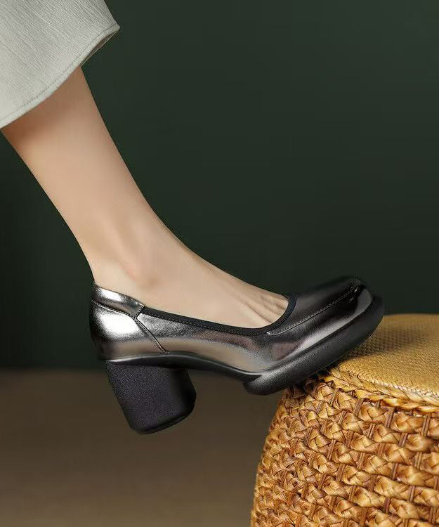 New Leather High Dark Grey Chunky Splicing Heels Heel Cowhide