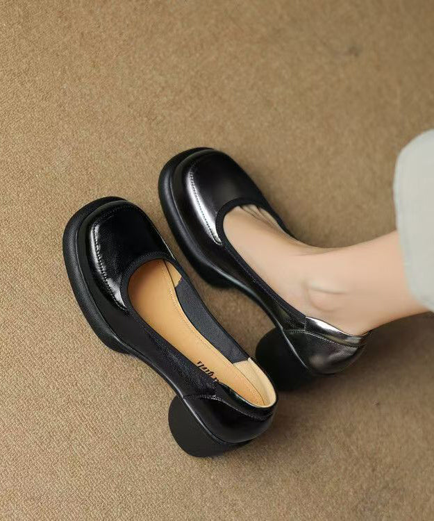 New Leather High Dark Grey Chunky Splicing Heels Heel Cowhide