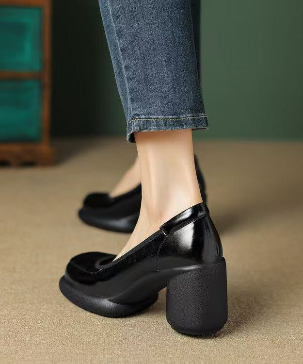 New Leather High Dark Grey Chunky Splicing Heels Heel Cowhide