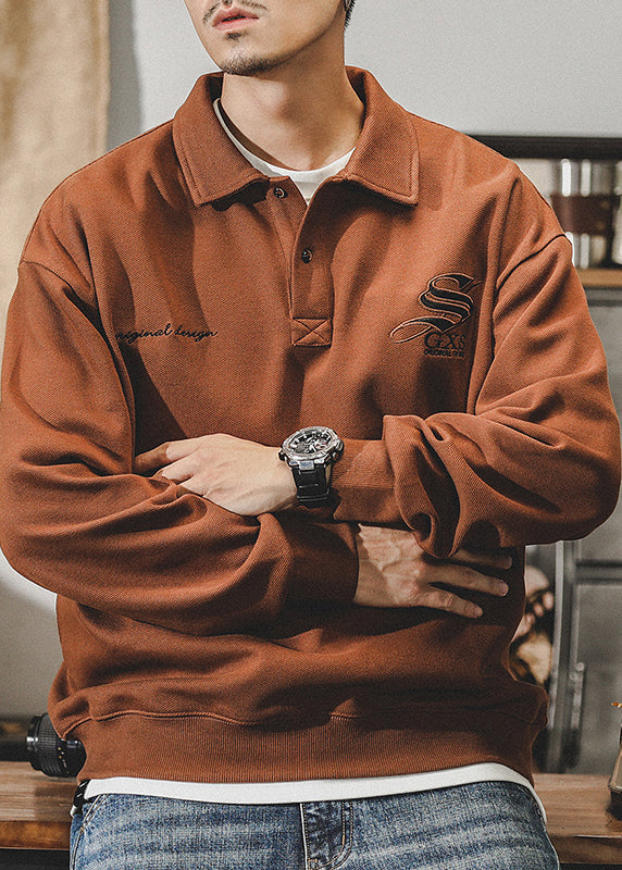 New Dark Coffee Embroideried Button Cotton Men Polo Sweatshirt Spring TC029