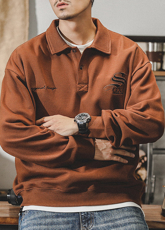 New Dark Coffee Embroideried Button Cotton Men Polo Sweatshirt Spring TC029