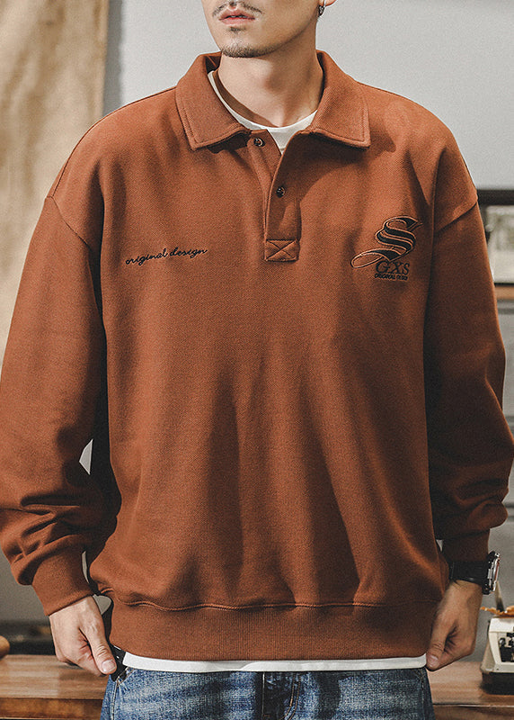 New Dark Coffee Embroideried Button Cotton Men Polo Sweatshirt Spring TC029
