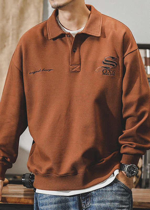 New Dark Coffee Embroideried Button Cotton Men Polo Sweatshirt Spring TC029