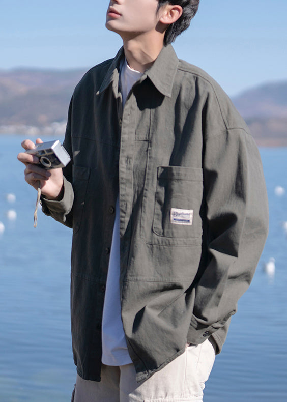 Gray Mens Cotton Pan New Collar Peter Button Shirts Dark Pockets