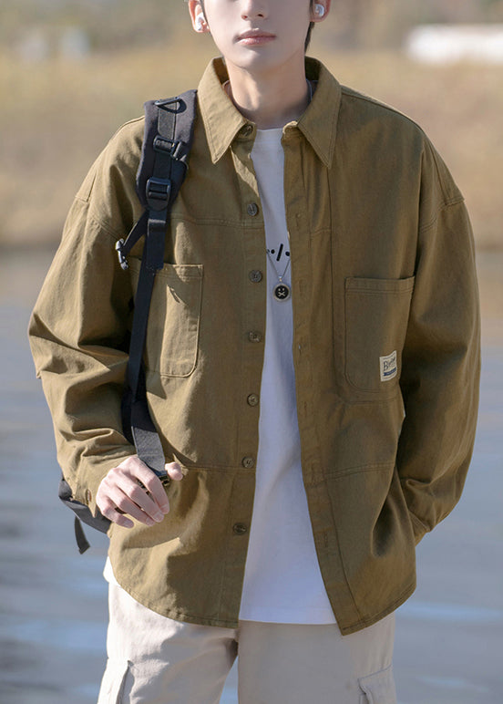 Gray Mens Cotton Pan New Collar Peter Button Shirts Dark Pockets