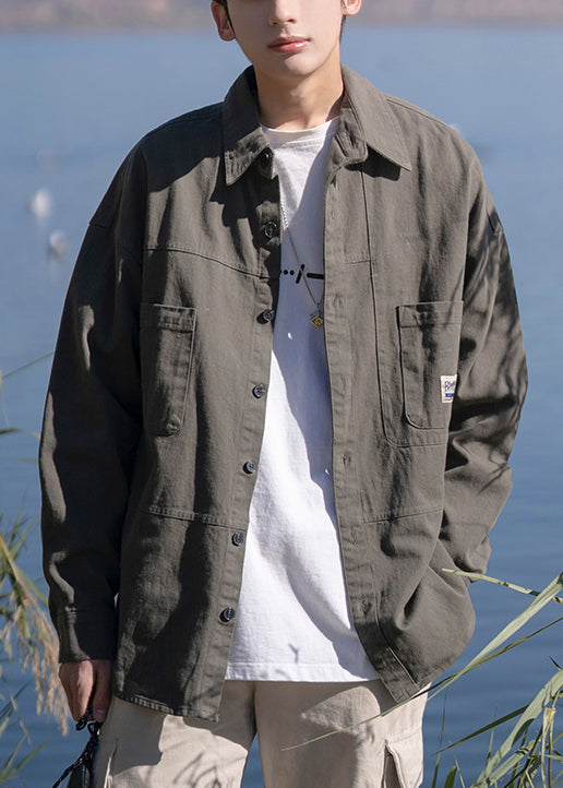 Gray Mens Cotton Pan New Collar Peter Button Shirts Dark Pockets