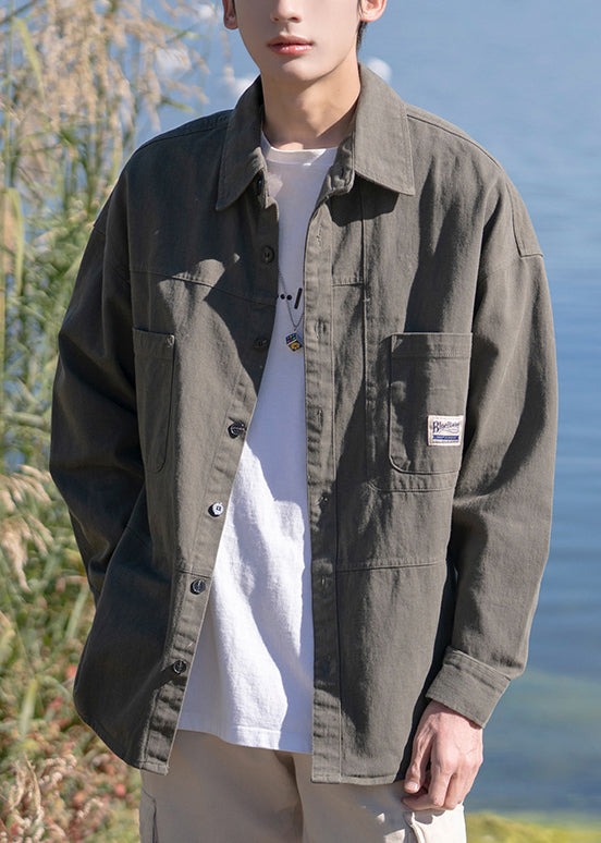 Gray Mens Cotton Pan New Collar Peter Button Shirts Dark Pockets