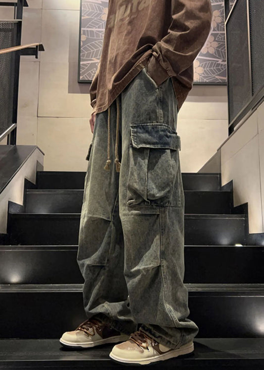 Waist Elastic Blue Pants Pockets Denim New Mens Spring Wrinkled