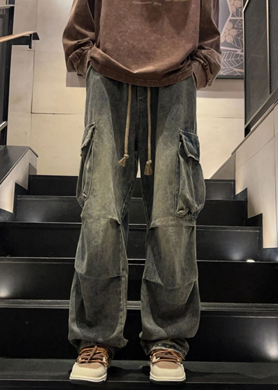 Waist Elastic Blue Pants Pockets Denim New Mens Spring Wrinkled