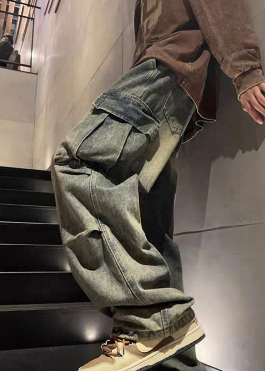 Waist Elastic Blue Pants Pockets Denim New Mens Spring Wrinkled