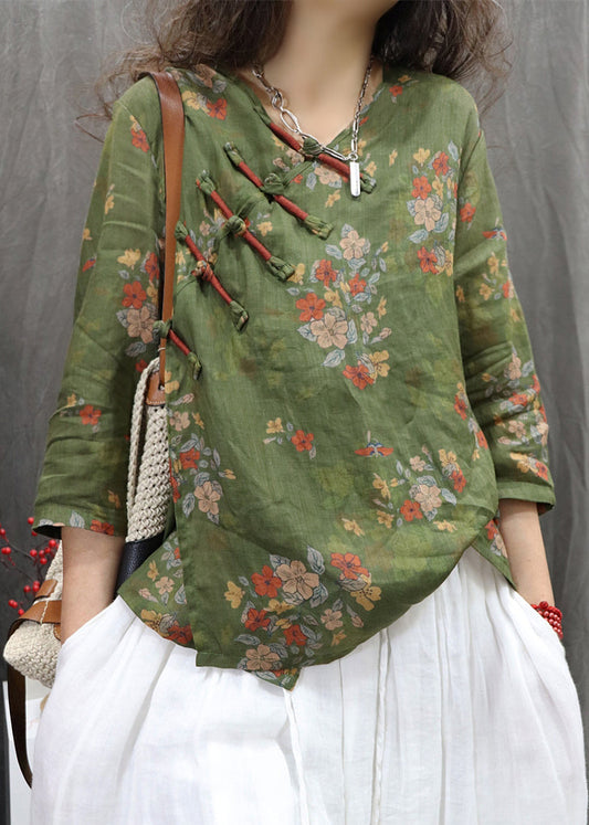 Linen Sleeve Green Button Bracelet Blouses Print Chinese New