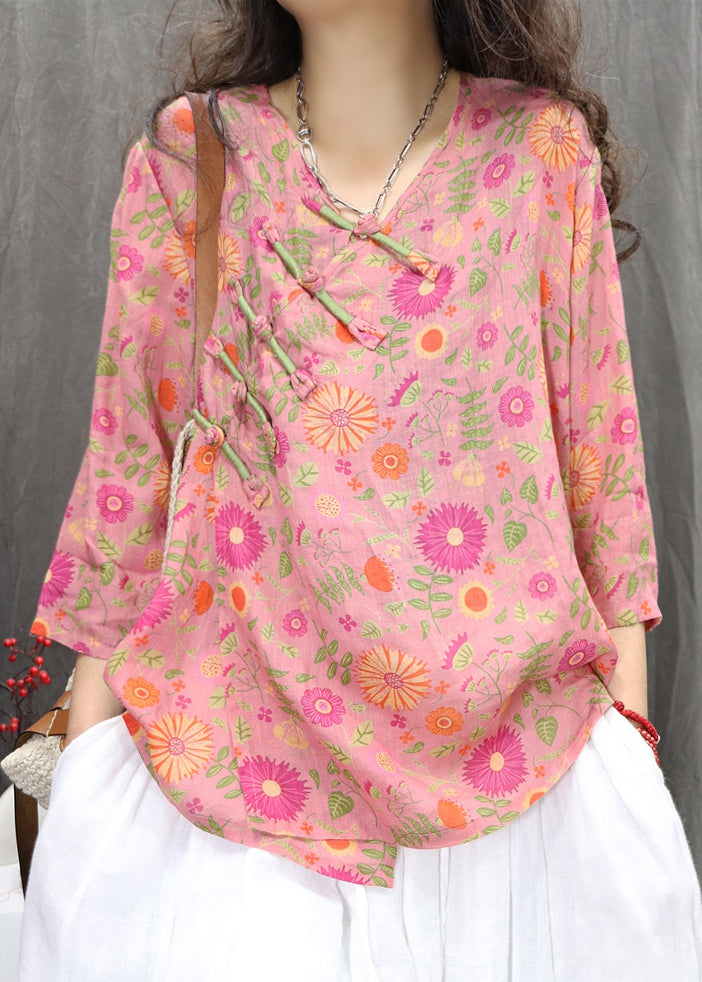 Linen Sleeve Green Button Bracelet Blouses Print Chinese New