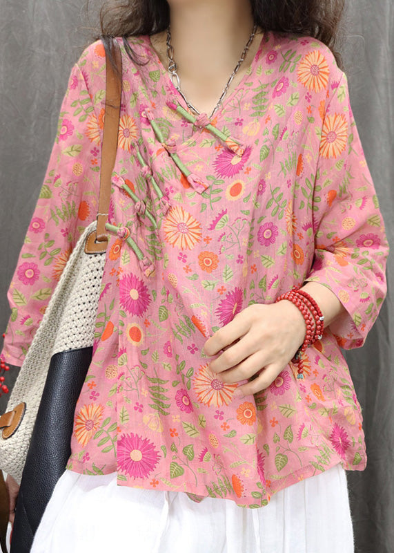 Linen Sleeve Green Button Bracelet Blouses Print Chinese New