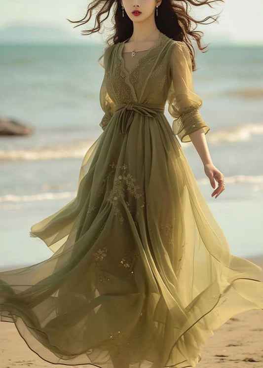 Neues grünes Spitzenkleid aus massivem Chiffon mit Armbandärmeln KJ022