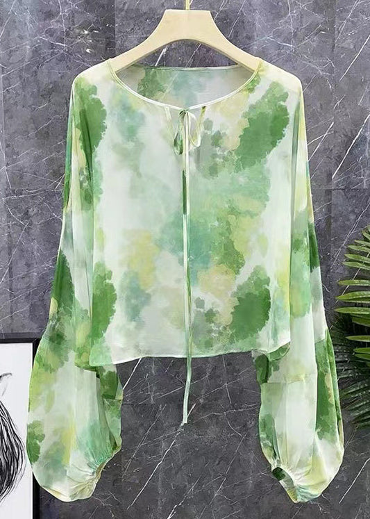 Neue grüne Chiffon-Hemden mit Schnürung und Print, langärmelig, XX042
