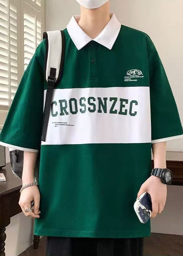 Sleeve Men Half New Polo Cotton Letter Patchwork Green Shirt