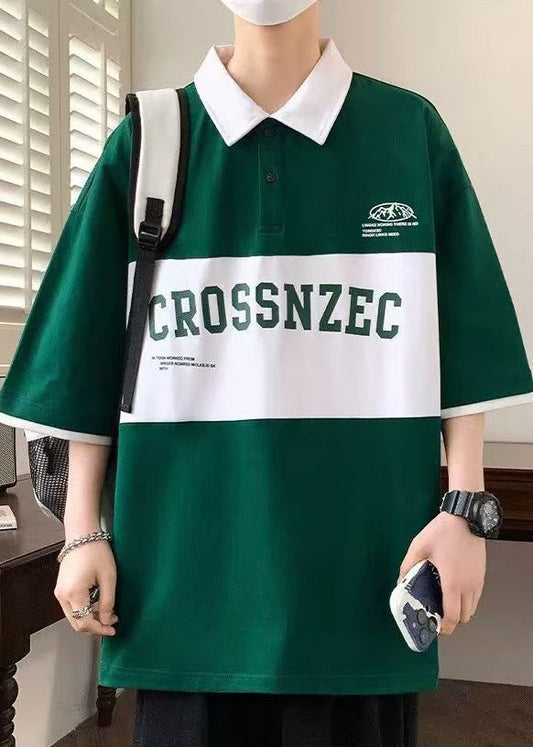 Sleeve Men Half New Polo Cotton Letter Patchwork Green Shirt