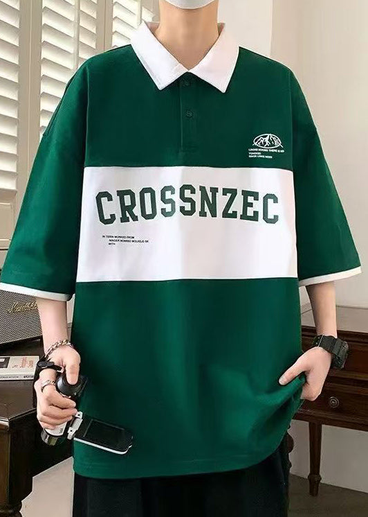 Sleeve Men Half New Polo Cotton Letter Patchwork Green Shirt