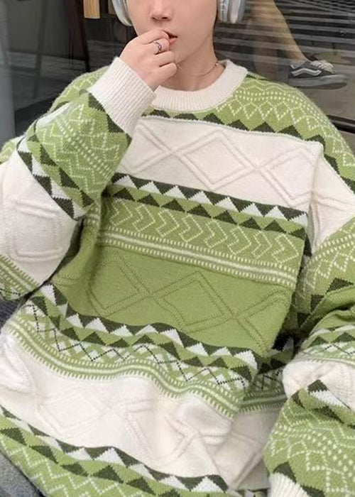 New Green O Neck Cozy Patchwork Knit Men Sweaters Fall QH032