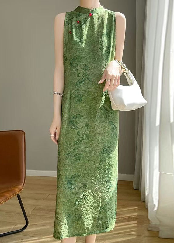 Sleeveless Open Print Cotton Long Dress New Silk Green Side