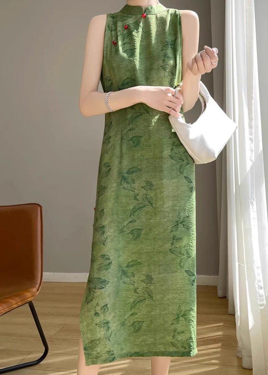 Sleeveless Open Print Cotton Long Dress New Silk Green Side