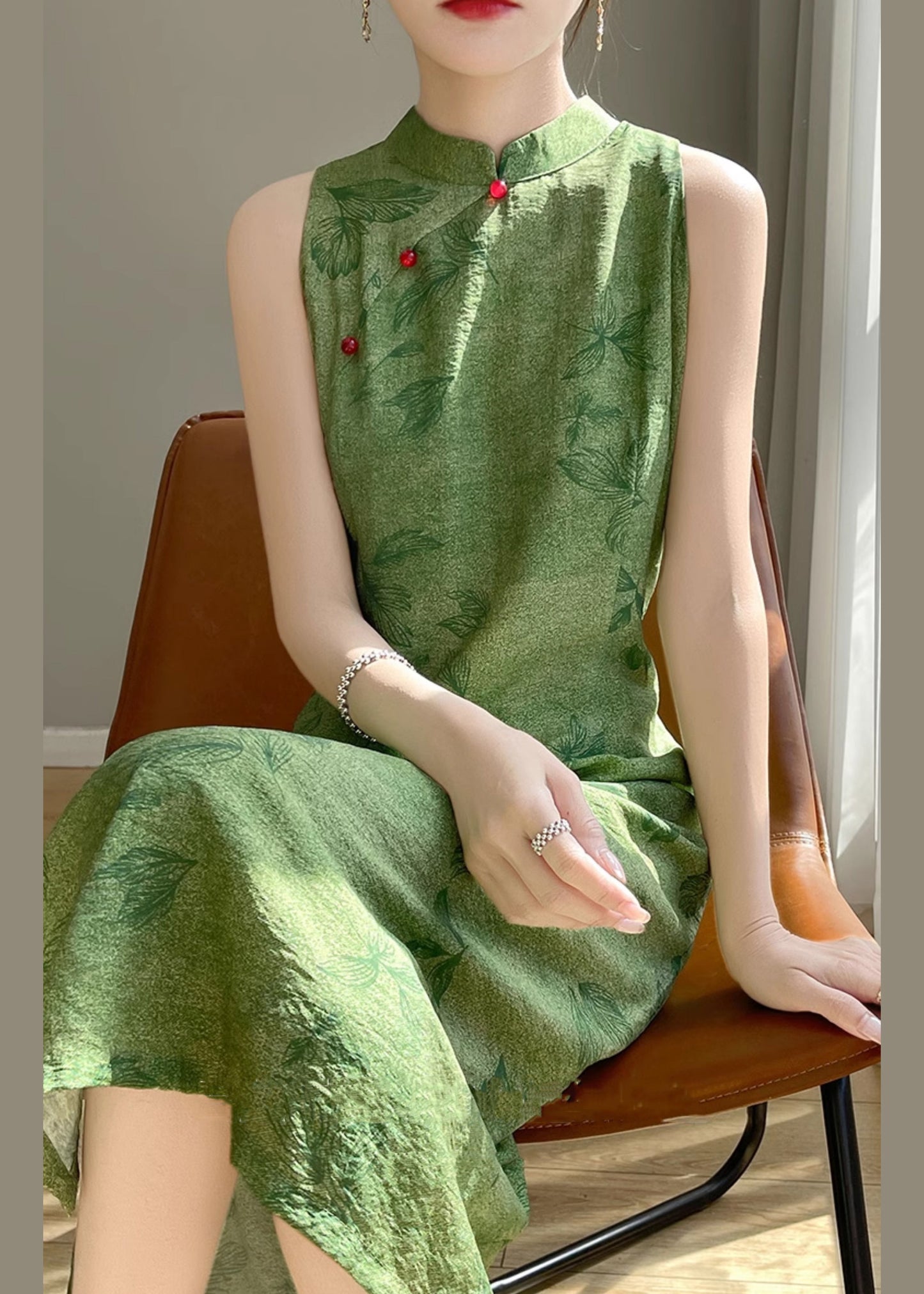 Sleeveless Open Print Cotton Long Dress New Silk Green Side