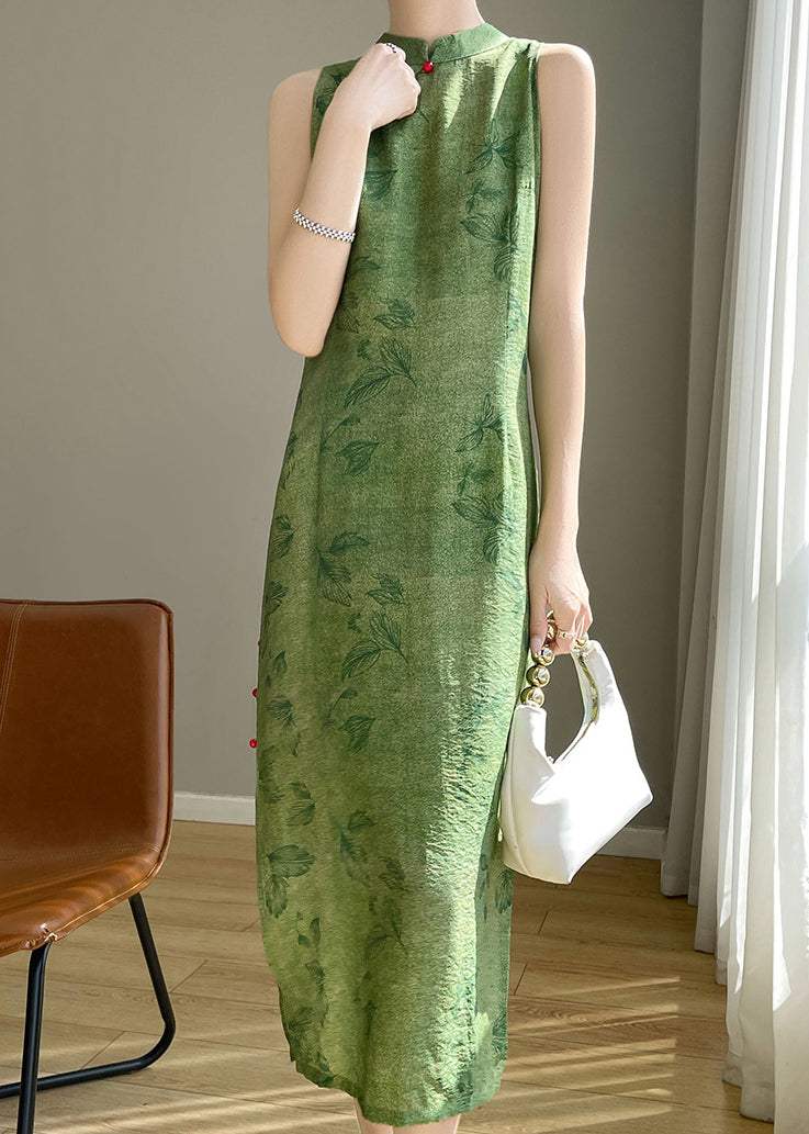 Sleeveless Open Print Cotton Long Dress New Silk Green Side