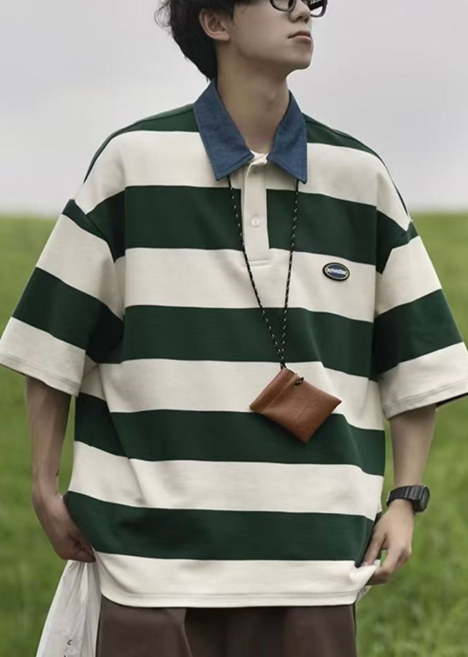 New Summer Polo Green Button Striped Shirt Cotton Men