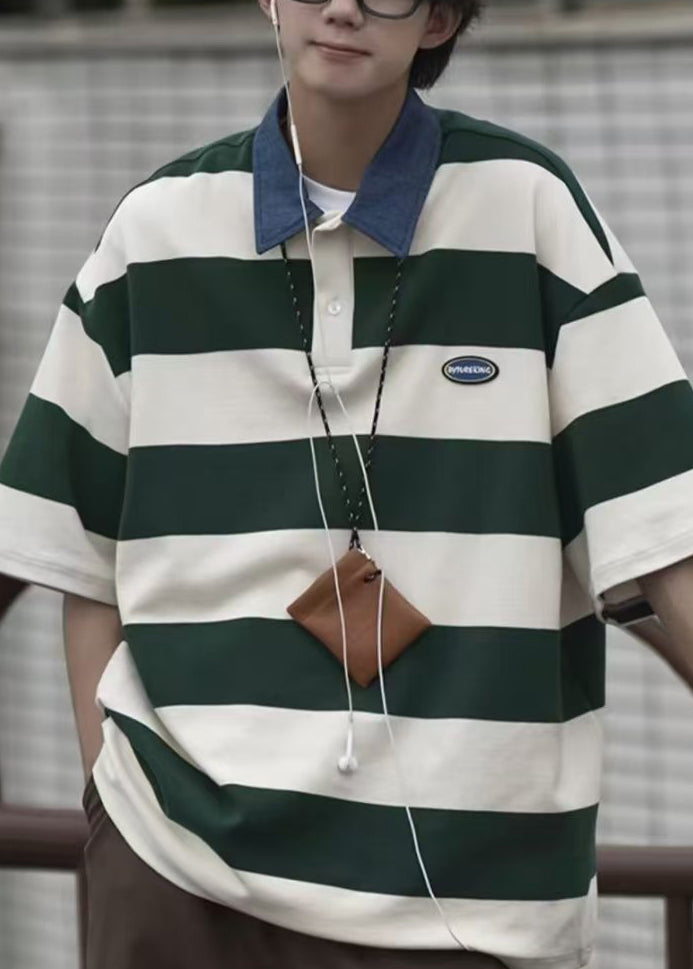New Summer Polo Green Button Striped Shirt Cotton Men