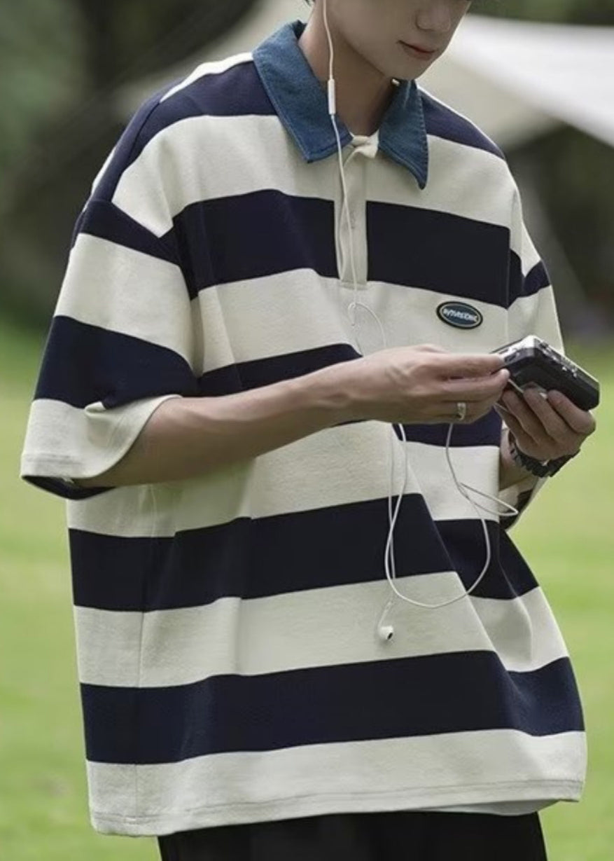 New Summer Polo Green Button Striped Shirt Cotton Men