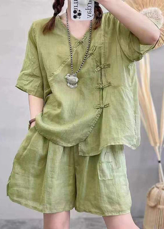 New Green V Neck Button Linen Two-Piece Set Summer SS020