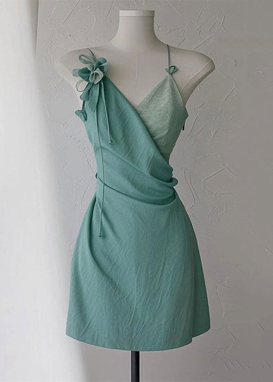 Green Spaghetti Dress New V Cotton Waist Strap High Neck