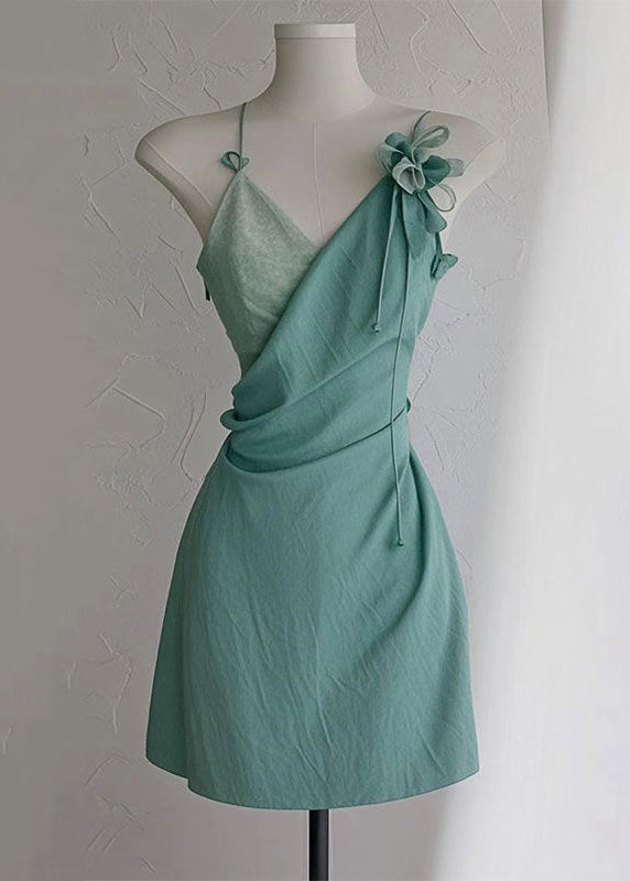 Green Spaghetti Dress New V Cotton Waist Strap High Neck