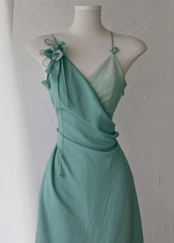 Green Spaghetti Dress New V Cotton Waist Strap High Neck