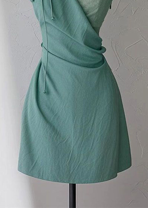 Green Spaghetti Dress New V Cotton Waist Strap High Neck