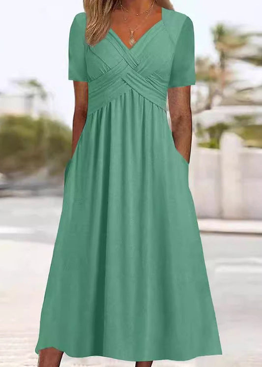 New Green V Neck Pockets Solid Cotton Long Dress Summer QA026