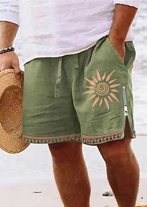 Up Print Green Elastic Waist Summer Zip New Shorts Cotton Men